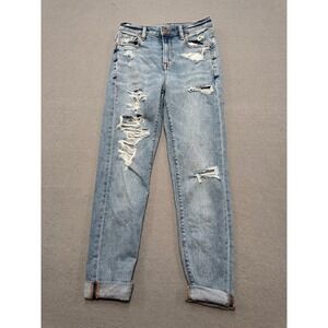 American Eagle Mom Jeans Women's 000 Blue Light Wash Straight Leg Distressed Y2K
